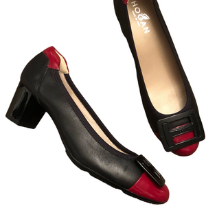 Hogan Block Heel Pumps Black with Red Cap Toe Leather and Patent 2" heel size 38